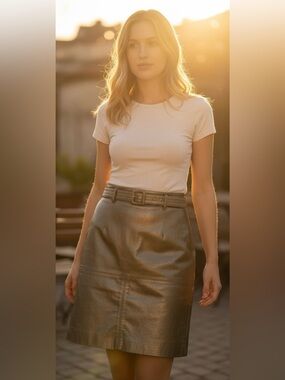 Laundry Olive Green Leather Belted Skirt Size 8